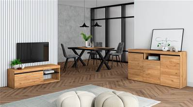 Conjunto Mesa 140 Bicolor patas X, Mueble TV120, Aparador