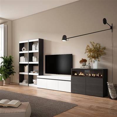 Muebles de Salón para TV, Blanco y negro , Chimenea eléctrica