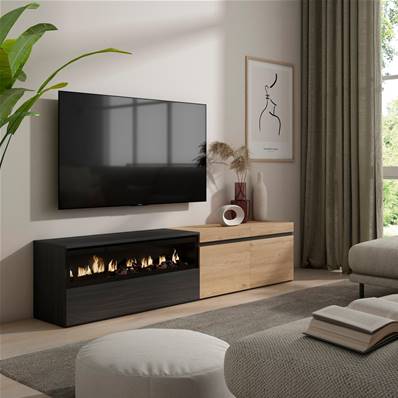 Mueble TV, Televisión, Roble y negro, Chimenea eléctrica