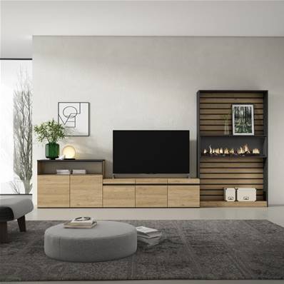 Muebles de Salón para TV, Roble y negro, Chimenea eléctrica