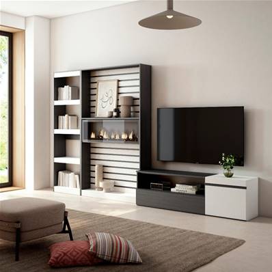 Muebles de Salón para TV, Blanco y negro , Chimenea eléctrica