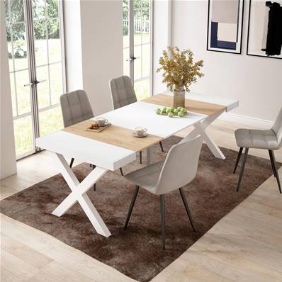 Mesa Consola extensible, Roble y blanco, Patas madera maciza