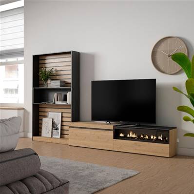 Muebles de Salón para TV, Roble y negro, Chimenea eléctrica