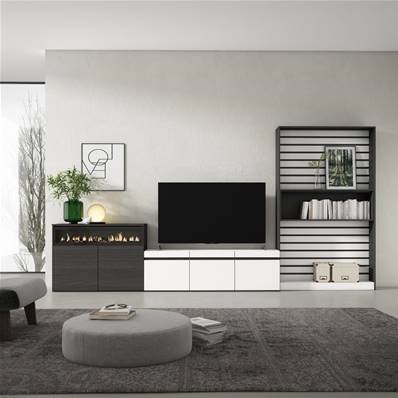 Muebles de Salón para TV, Blanco y negro , Chimenea eléctrica