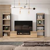 Muebles de Salón para TV, Roble y negro, Chimenea eléctrica