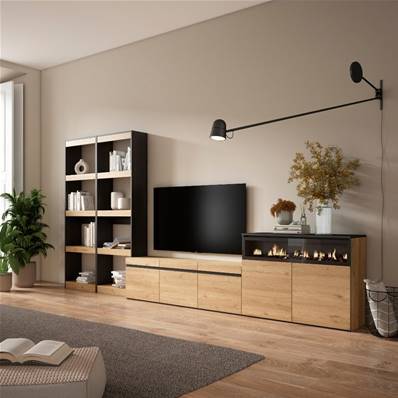 Muebles de Salón para TV, Roble y negro, Chimenea eléctrica