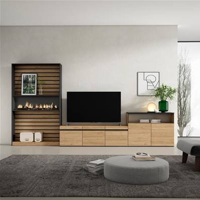 Muebles de Salón para TV, Roble y negro, Chimenea eléctrica