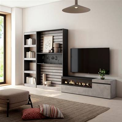 Muebles de Salón para TV, Cemento, Chimenea eléctrica