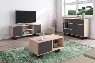 Set Wind Buffet-Mueble tv140-Mesa Baja Roble y Gris,Pata Negra