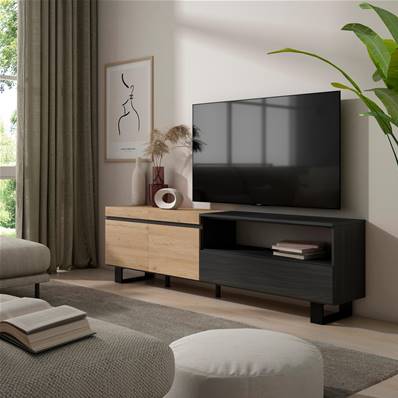 Mueble TV, Televisión, Roble y negro, Diseño industrial