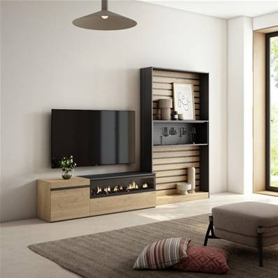 Muebles de Salón para TV, Roble y negro, Chimenea eléctrica