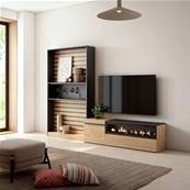 Muebles de Salón para TV, Roble y negro, Chimenea eléctrica