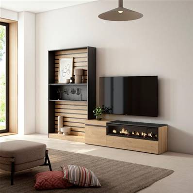 Muebles de Salón para TV, Roble y negro, Chimenea eléctrica