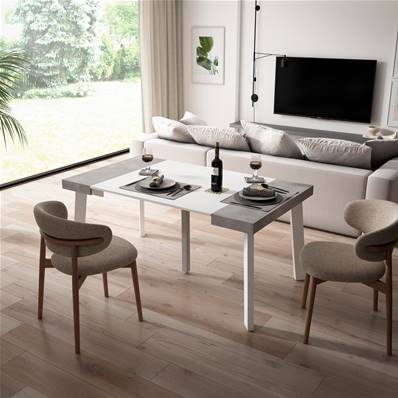 Mesa Consola extensible, Blanco y cemento, Patas de madera