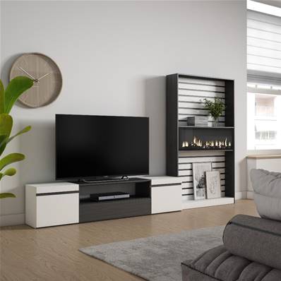 Muebles de Salón para TV, Blanco y negro , Chimenea eléctrica