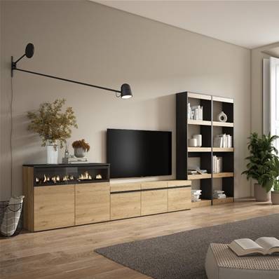 Muebles de Salón para TV, Roble y negro, Chimenea eléctrica