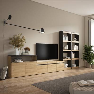 Muebles de Salón para TV, 370x186x35cm, Roble y negro