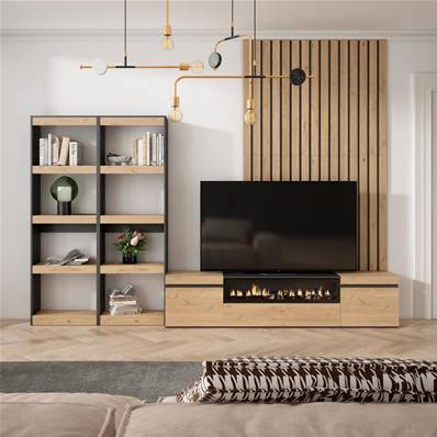 Muebles de Salón para TV, Roble y negro, Chimenea eléctrica