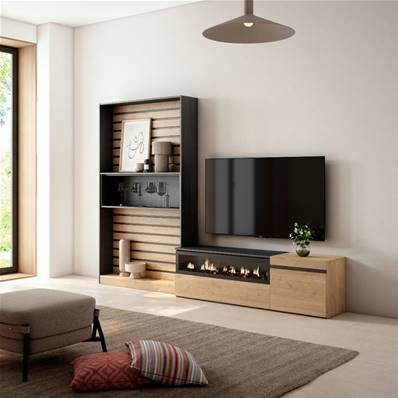 Muebles de Salón para TV, Roble y negro, Chimenea eléctrica