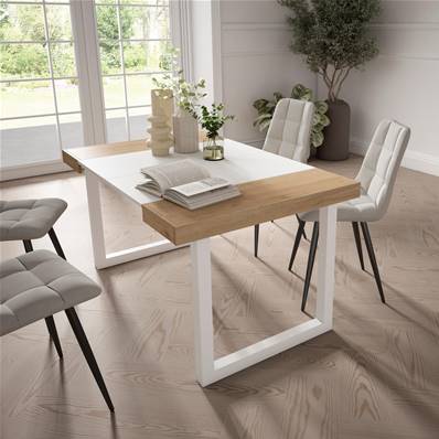 Mesa Consola extensible, Roble y blanco, Patas madera maciza