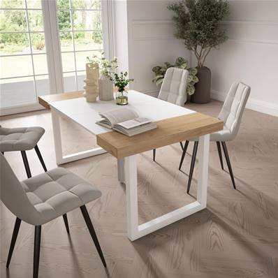 Mesa Consola extensible, Roble y blanco, Patas madera maciza