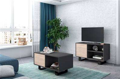 Set Wind Mueble tv100, Mesa centro Gris y Roble, pata Negra