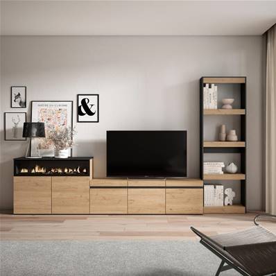 Muebles de Salón para TV, Roble y negro, Chimenea eléctrica