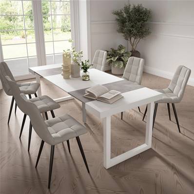 Mesa Consola extensible, Blanco y cemento, Patas madera maciza