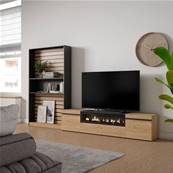 Muebles de Salón para TV, Roble y negro, Chimenea eléctrica