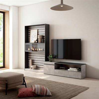 Muebles de Salón para TV, Cemento, Chimenea eléctrica