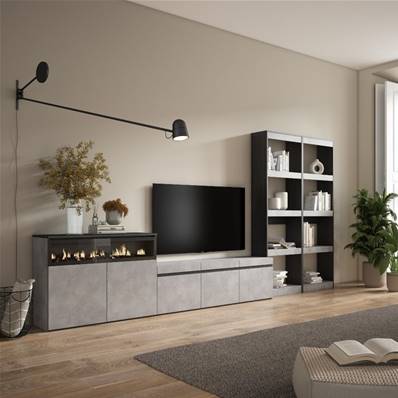 Muebles de Salón para TV, Cemento, Chimenea eléctrica