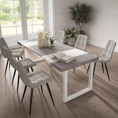 Mesa Consola extensible, Blanco y cemento, Patas madera maciza