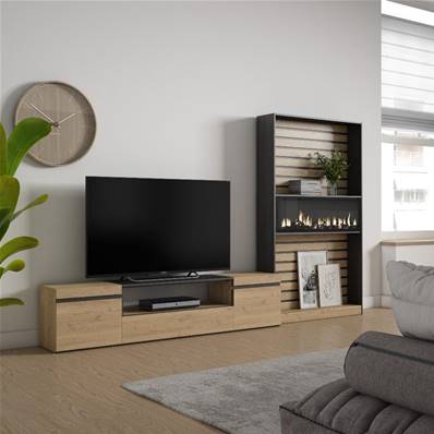 Muebles de Salón para TV, Roble y negro, Chimenea eléctrica