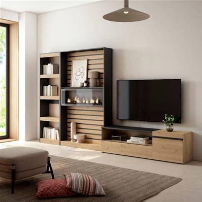 Muebles de Salón para TV, Roble y negro, Chimenea eléctrica