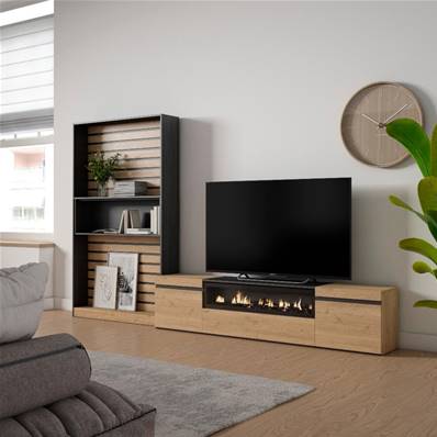 Muebles de Salón para TV, Roble y negro, Chimenea eléctrica