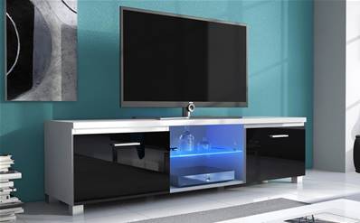 Mueble TV LED blanco y negro lacado brillante.