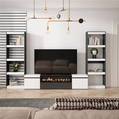 Muebles de Salón para TV, Blanco y negro , Chimenea eléctrica