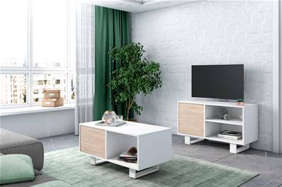 Set Wind Mueble tv100-Mesa Baja, Blanco y Roble, Pata Blanca