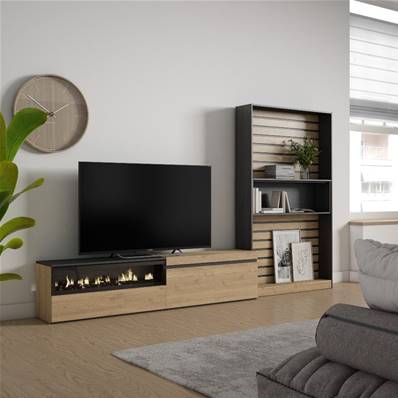 Muebles de Salón para TV, Roble y negro, Chimenea eléctrica