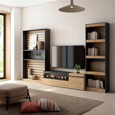 Muebles de Salón para TV, Roble y negro, Chimenea eléctrica