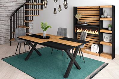 Mesa de Comedor, 200, Roble y Negro, Estilo Industrial