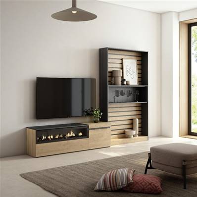 Muebles de Salón para TV, Roble y negro, Chimenea eléctrica