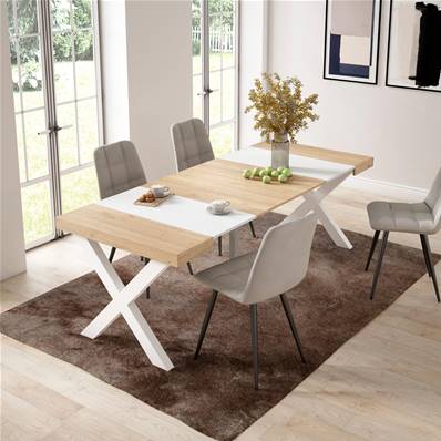 Mesa Consola extensible, Roble y blanco, Patas madera maciza