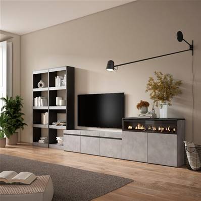 Muebles de Salón para TV, Cemento, Chimenea eléctrica