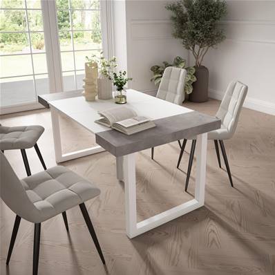 Mesa Consola extensible, Blanco y cemento, Patas madera maciza