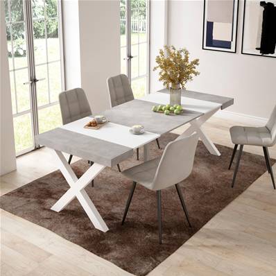 Mesa Consola extensible, Blanco y cemento, Patas madera maciza