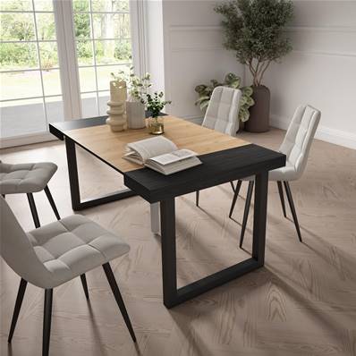 Mesa Consola extensible, Negro y roble, Patas madera maciza