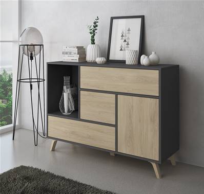 Mueble Auxiliar Buffet WIND 1 Puerta, 3 cajones, Gris Antracita/Roble