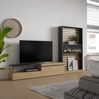 Muebles de Salón para TV, Roble y negro, Chimenea eléctrica