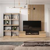 Muebles de Salón para TV, Roble y negro, Chimenea eléctrica